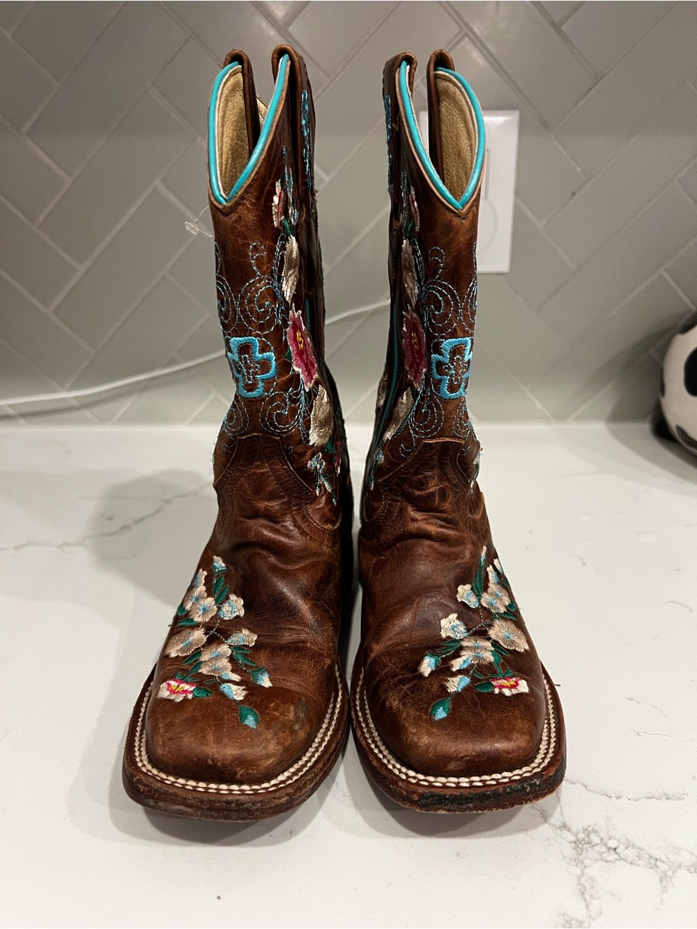 Macie Bean Brown Leather Kids' Embroidered Boots with Turquoise Accents